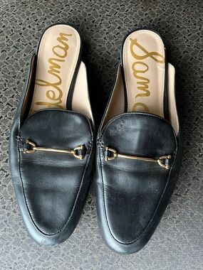 Sam Edelman Black Leather Slip-On Loafer Mules with Gold Hardware